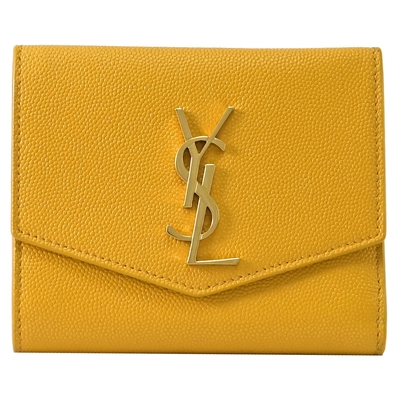 YSL Saint Laurent 經典粒紋牛皮對開零錢短夾(黃)