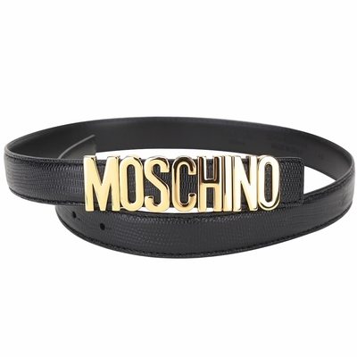 MOSCHINO 拋光金字母蜥蜴紋壓花小牛皮細版腰帶(黑色)