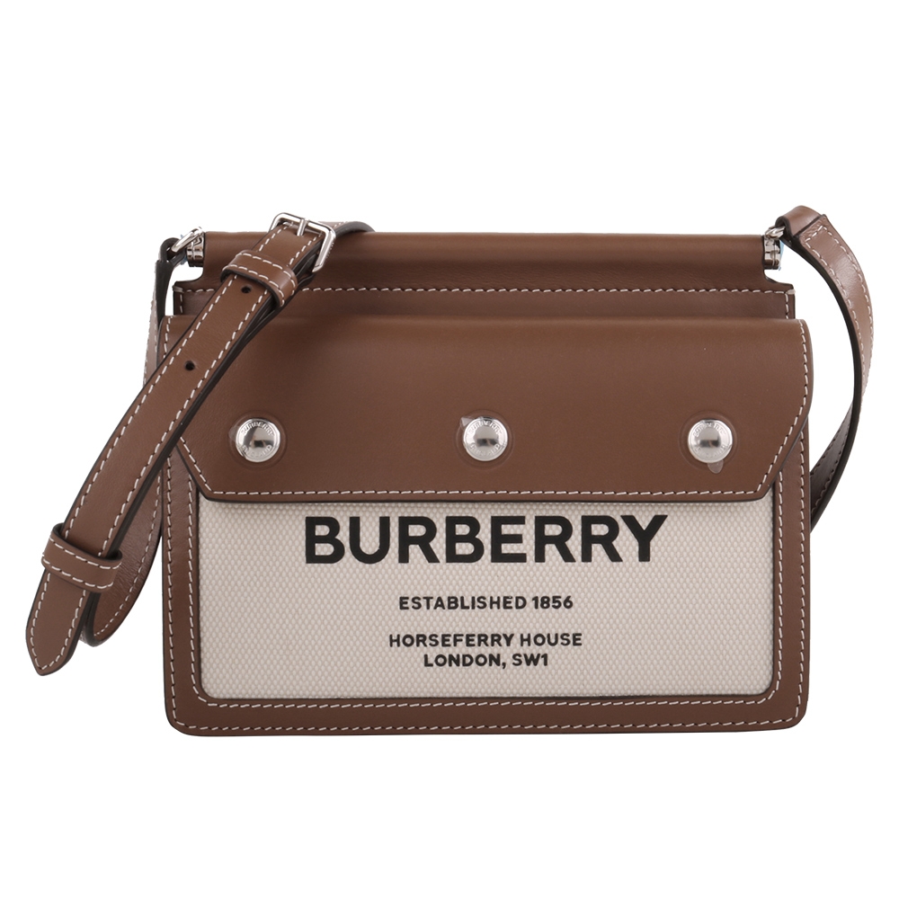 BURBERRY Horseferry 皮革拚接帆布mini款斜背包(米白x棕)