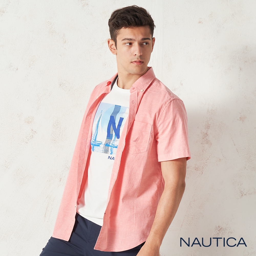 Nautica 極簡風格牛津布短袖襯衫-淺橘