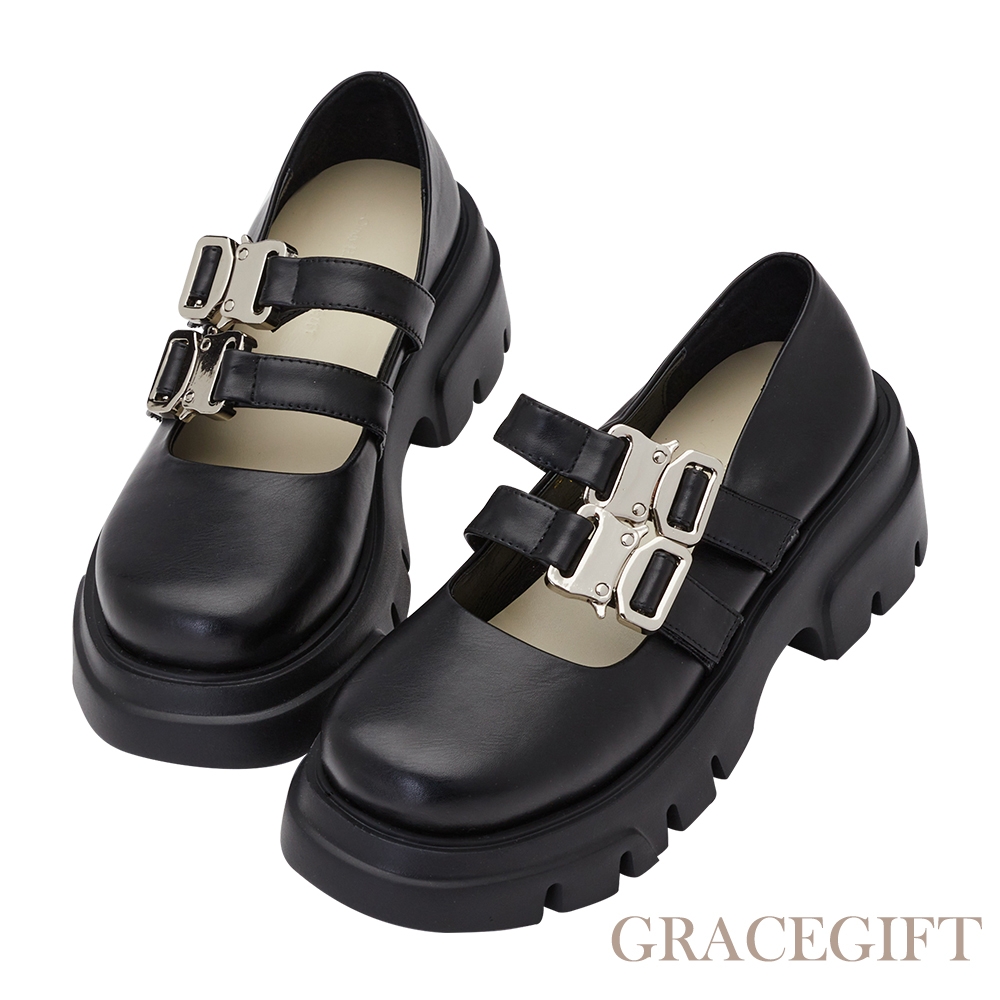 【Grace Gift】CindyH聯名-俏麗雙帶厚底瑪莉珍鞋 黑