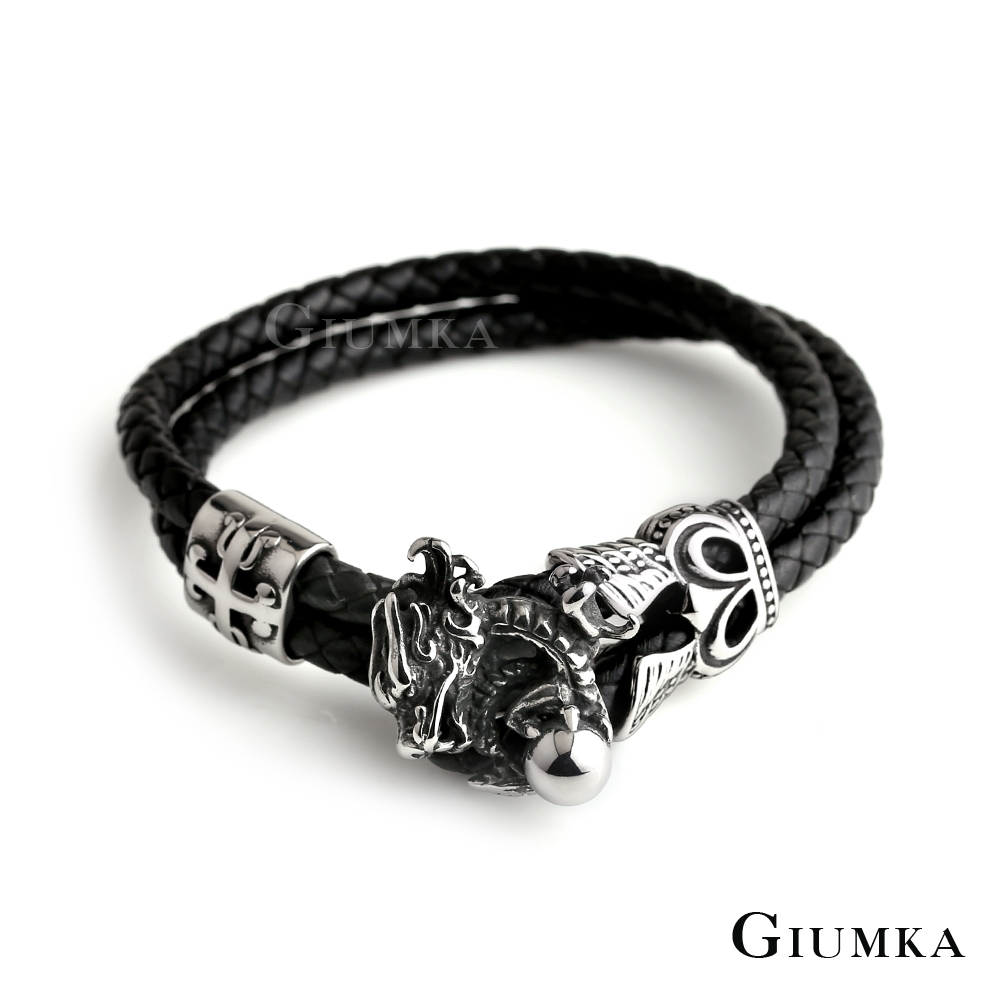 GIUMKA編織皮革手環手鍊 白鋼祥龍抱珠個性潮男款手鏈 單個價格MH08057