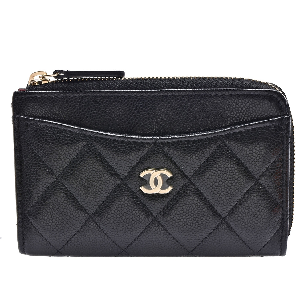 CHANEL 經典金色雙C LOGO菱格粒紋牛皮L型拉鍊卡夾/零錢包(黑色)