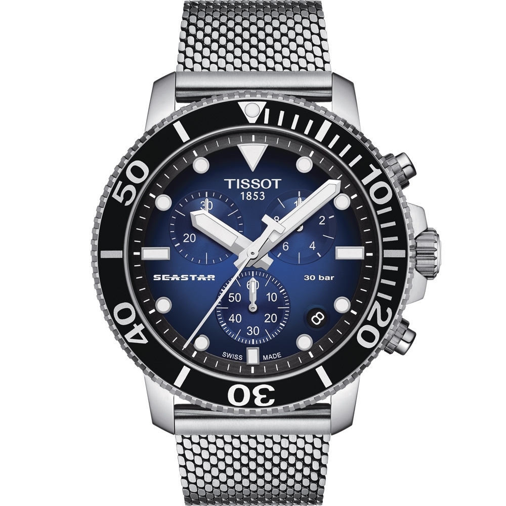 (送原廠錶帶)TISSOT 官方授權  Seastar 海星300米潛水石英錶-鋼帶款(T1204171104102)藍-45.5mm