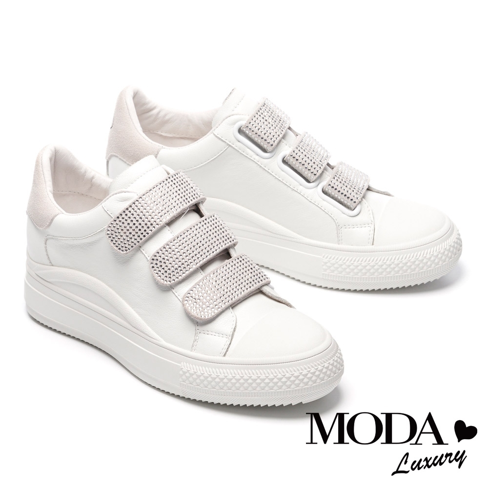 休閒鞋 MODA Luxury 極致電眼水鑽造型條帶魔鬼氈全真皮厚底休閒鞋－白