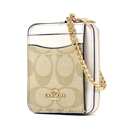 COACH 緹花LOGO鍊帶證件零錢包-白色