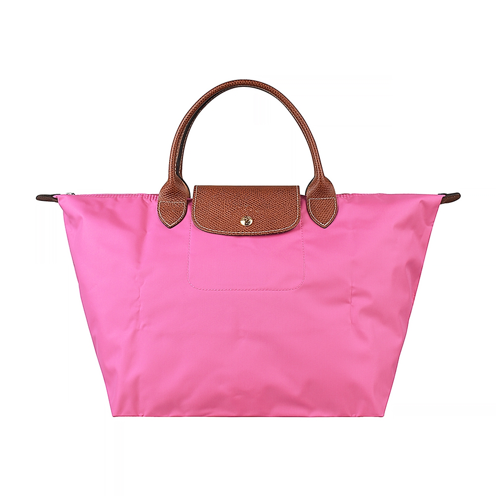 LONGCHAMP  LE PLIAGE系列壓印LOGO尼龍摺疊短提把拉鍊手提包(中/牡丹粉紅)