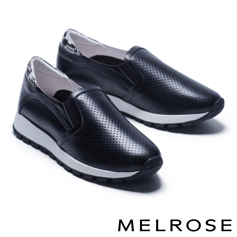 休閒鞋 MELROSE 簡約率性沖孔造型拼接全真皮厚底休閒鞋－黑