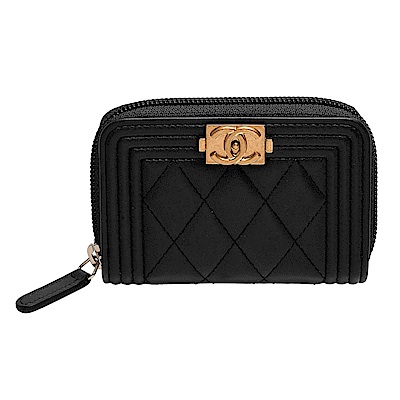 CHANEL BOY系列經典菱格紋小羊皮小香LOGO仿舊金釦拉鍊零錢包(黑)
