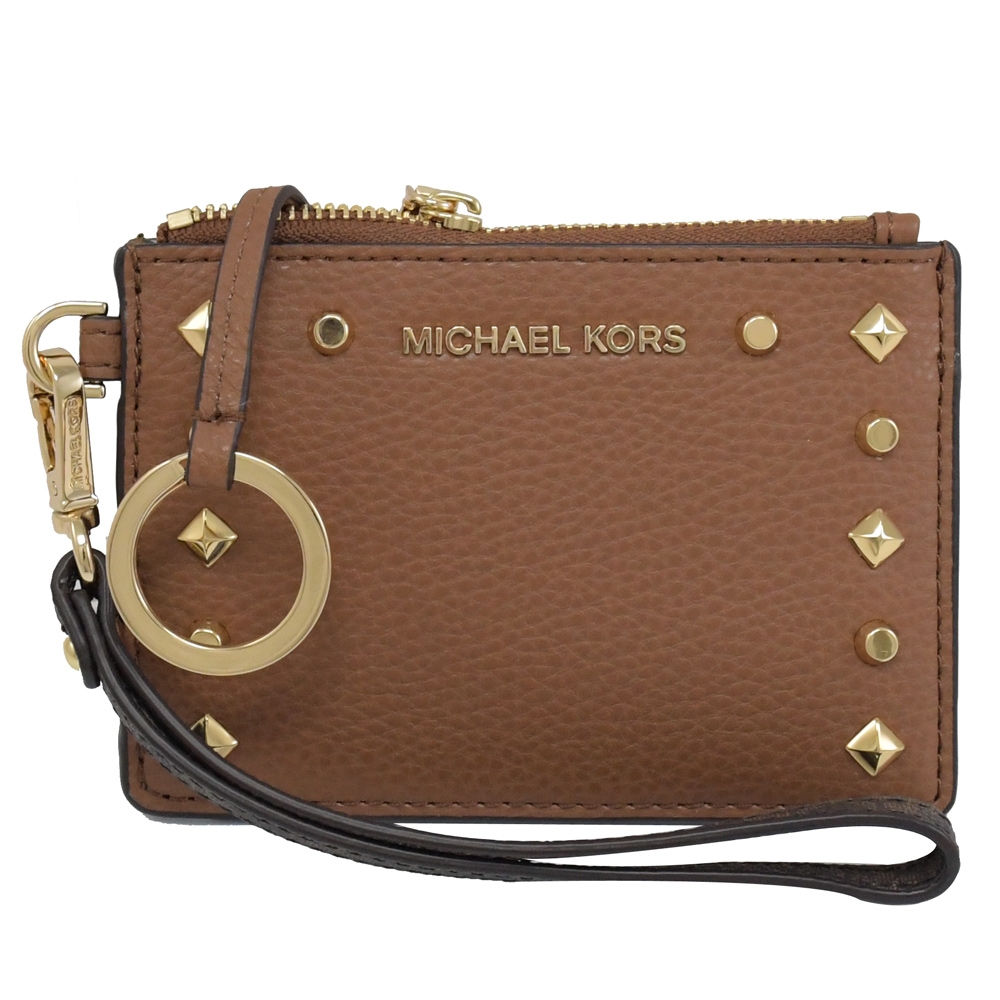 MICHAEL KORS Jet Set 金屬LOGO鉚釘邊飾手提卡片零錢包(咖)