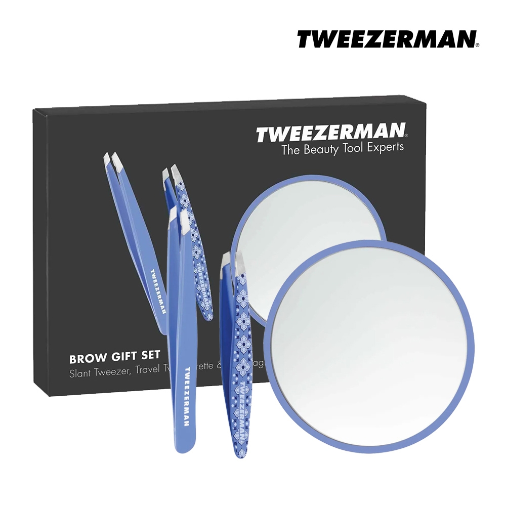 Tweezerman 一手包辦眉鑷三件禮盒-復古藍(斜口鑷-復古藍+葡萄牙磁磚花紋隨行款眉鑷+五倍放大細節鏡)