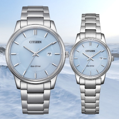 CITIZEN 星辰 PAIR 光動能 日系簡約 大三針情侶錶對錶-冰雪藍(BM6978-77L/EW2318-73L)