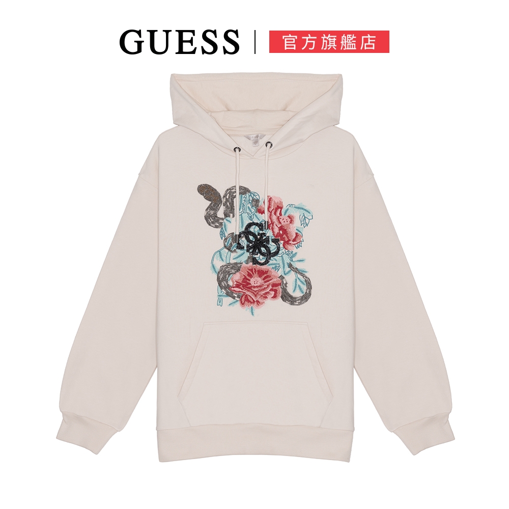 【GUESS】圖騰刺繡異材質拼接連帽帽T-杏