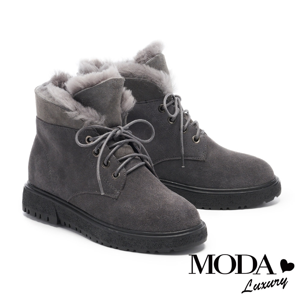 短靴 MODA Luxury 溫暖毛茸翻摺造型牛麂皮厚底短靴－灰