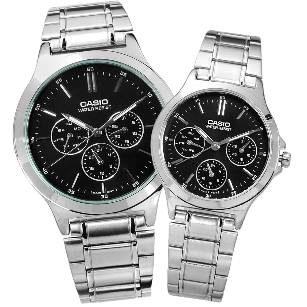 CASIO 卡西歐 簡約三眼 星期日期 不鏽鋼手錶 情侶對錶-黑色/40mm+32mm