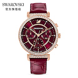 SWAROVSKI 施華洛世奇 PASSAGE CHRONO 俐落酒紅三眼真皮手錶