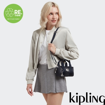 Kipling 褶皺色丁黑輕巧圓筒手提肩背兩用包-BINA MINI