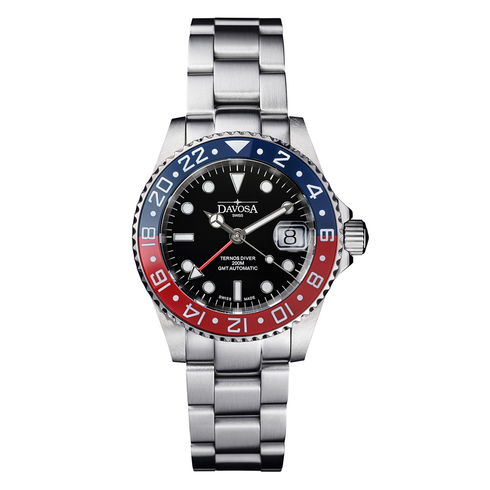 DAVOSA 161.590.60 40mm TT GMT 雙時區潛水專用?錶-藍紅雙色/潛水鋼帶款