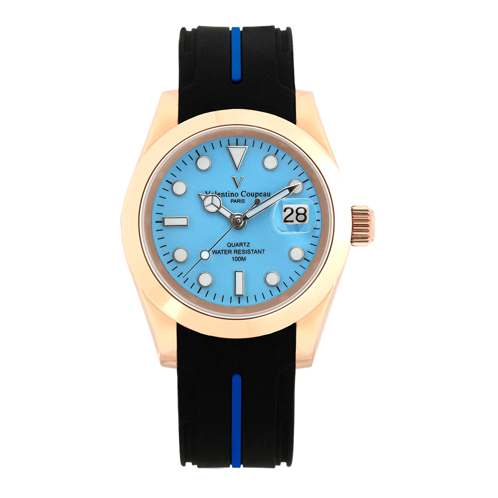 Valentino Coupeau 范倫鐵諾 古柏 悍將紳士腕錶 (玫殻/芙蓉藍面/膠帶)