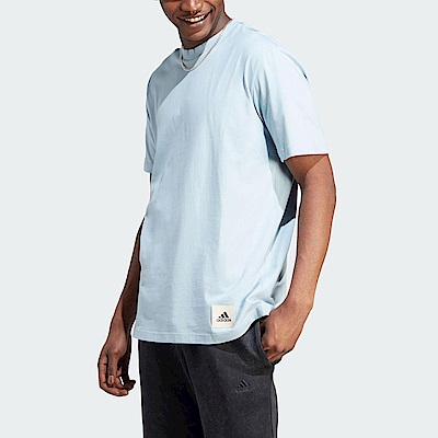 Adidas M LNG TEE Q3 [IM0483] 男 短袖 上衣 T恤 亞洲版 休閒 素色 寬鬆 棉質 淺藍