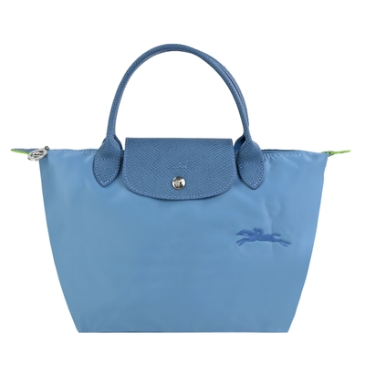 LONGCHAMP LE PLIAGE GREEN系列刺繡短把再生尼龍摺疊水餃包(小/雷雨藍)