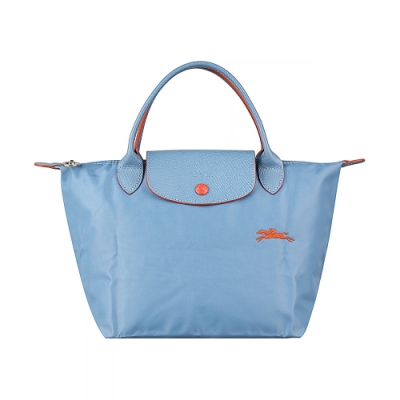 LONGCHAMP COLLECTION刺繡LOGO尼龍摺疊短把拉鍊手提包(小/霧藍x橘)