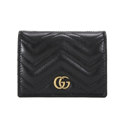 GUCCI Marmont 斜紋行縫牛皮紋復古金屬LOGO零錢包短夾(黑色)