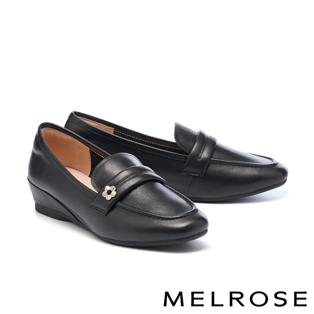 低跟鞋 MELROSE 美樂斯 簡約質感花釦牛皮內增高樂福低跟鞋－黑