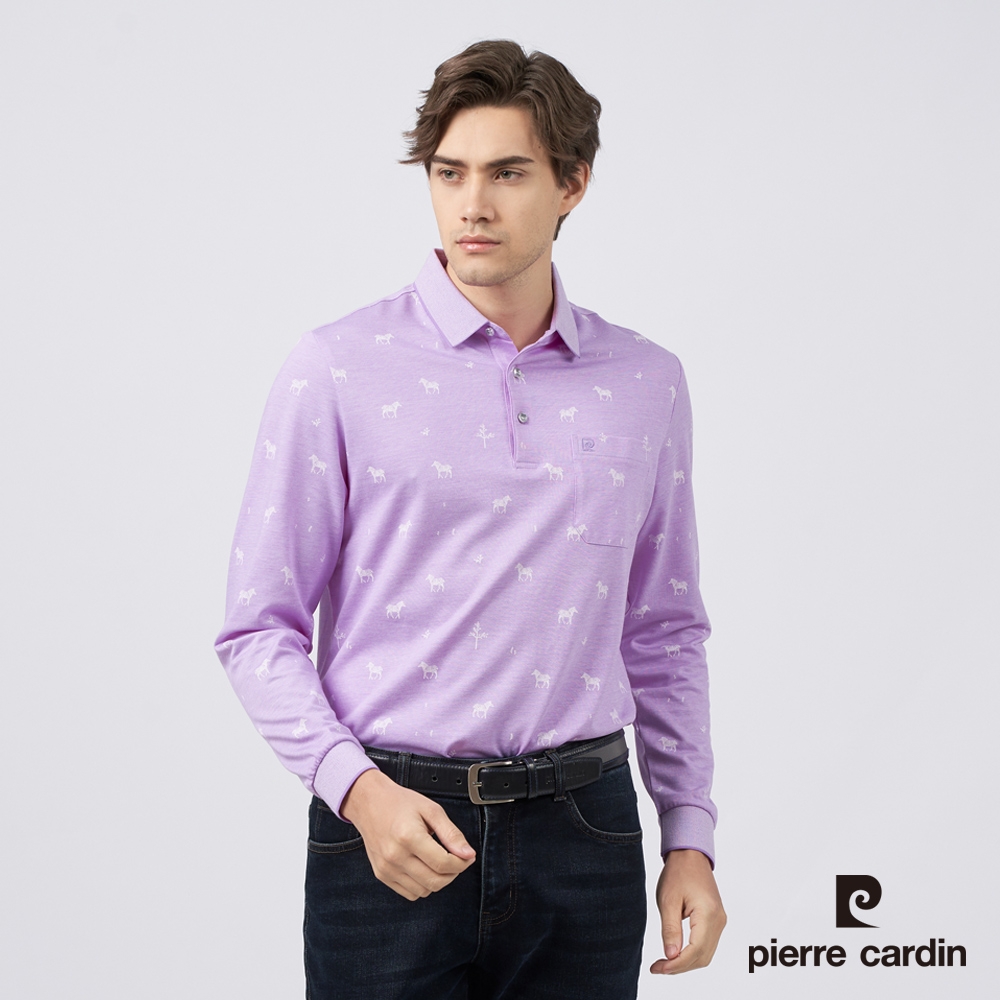 Pierre Cardin皮爾卡登 男款 雙色斑馬圖騰印花長袖POLO衫-紫色(5235267-26)