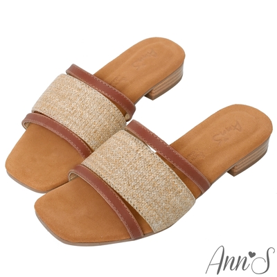 Ann’S水洗牛皮-小清新麻料木紋跟方頭涼拖鞋-棕