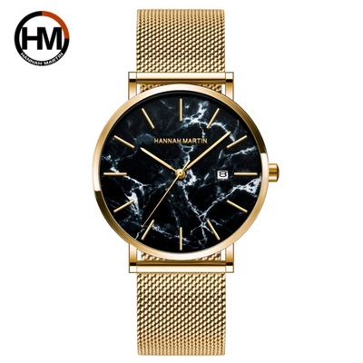 HANNAH MARTIN 時尚簡約休閒米蘭帶腕錶 HM-1512-WJJ黑面金帶