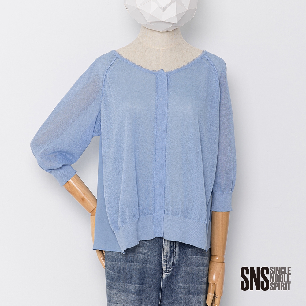 SNS 夏日天空藍異素材拼接針織上衣(1色)