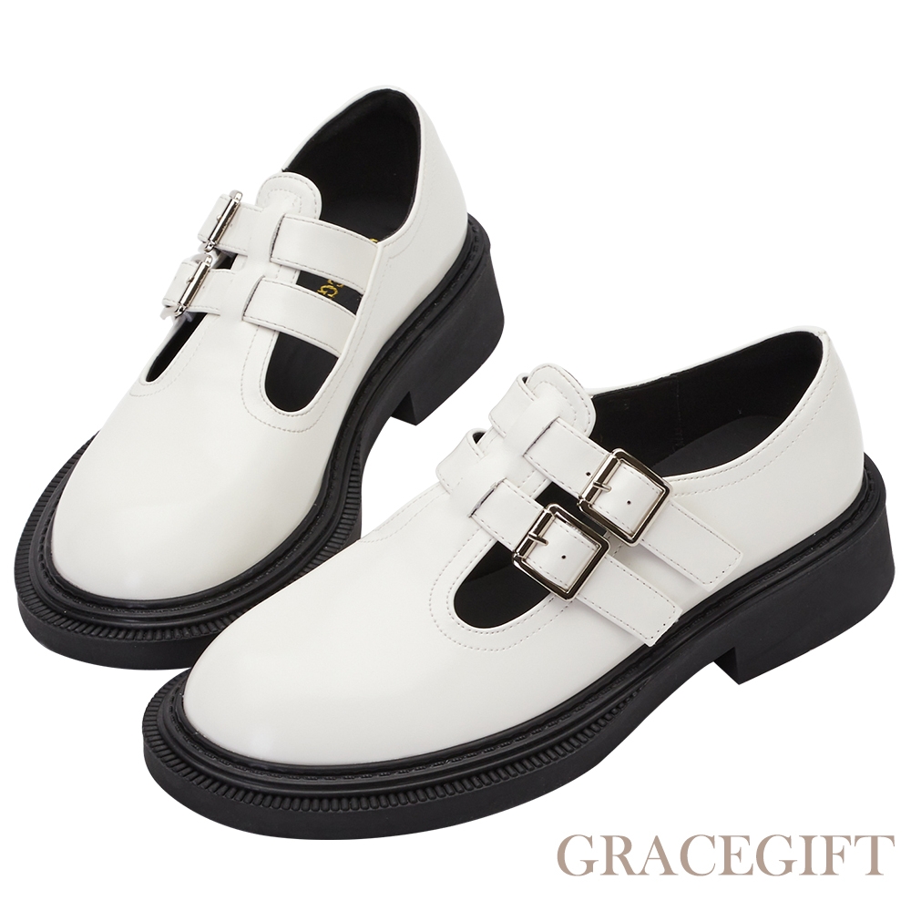 【Grace Gift】雙釦帶圓頭樂福瑪莉珍鞋 米白