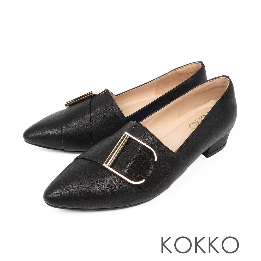 KOKKO - 泰晤士河畔尖頭環扣真皮平底鞋-復古黑