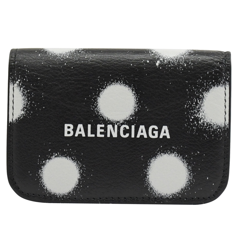 BALENCIAGA 英字LOGO點點設計牛皮三折零錢短夾(黑白)