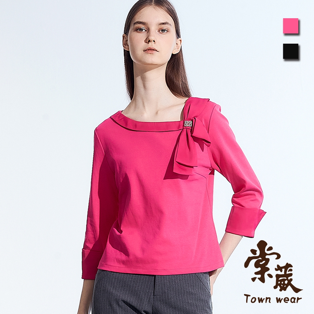 【TOWNWEAR棠葳】氣質鑽飾側領結棉質上衣 2色(中大尺碼/女上衣/女上著/素色/翻領)