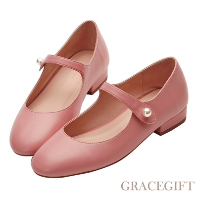 【Grace Gift】甜美氣質珍珠平底瑪莉珍鞋 桃紅