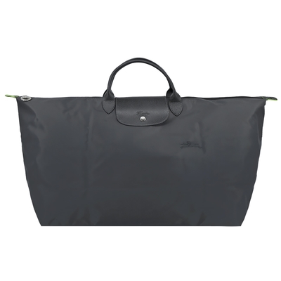 LONGCHAMP LE PLIAGE GREEN系列刺繡短把再生尼龍摺疊旅行袋(中/石墨灰)