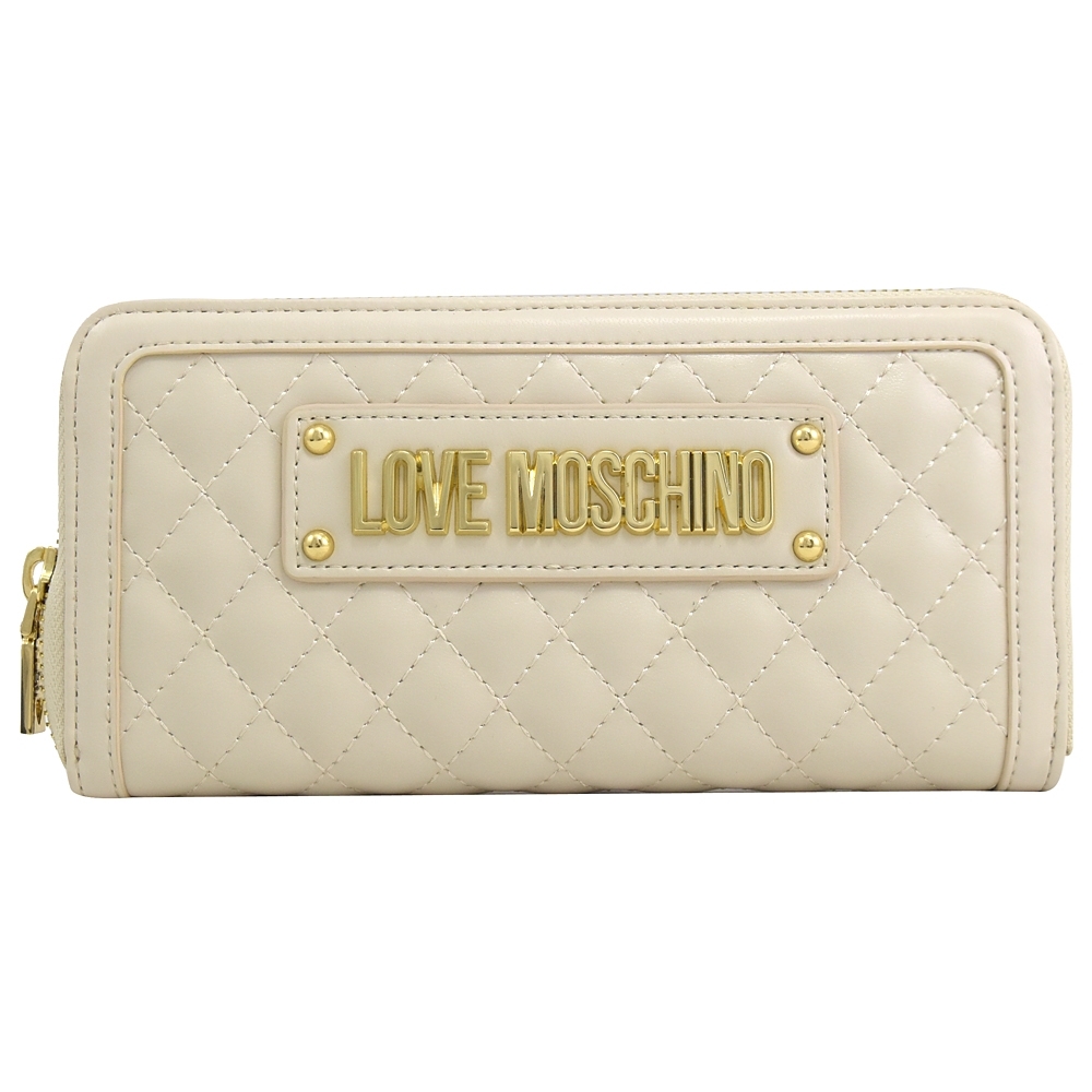 MOSCHINO LOVE系列金屬LOGO菱格紋ㄇ字拉鍊長夾(白)