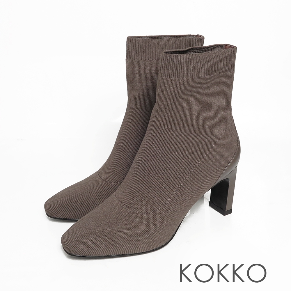 KOKKO激瘦感方頭彈性針織扁跟短襪靴霧面咖
