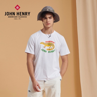 JOHN-HENRY-麝香貓印花短袖T恤-白色