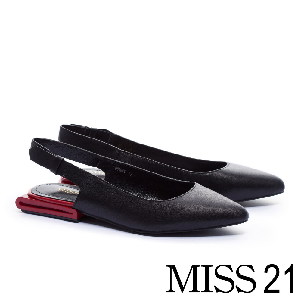 低跟鞋 MISS 21 獨特創意方形夾心尖頭全真皮低跟鞋－黑