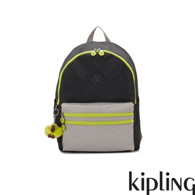 Kipling 黑灰撞色螢光綠拉鍊後背包-BOUREE