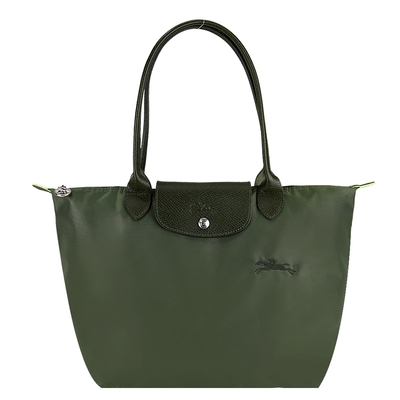 LONGCHAMP LE PLIAGE GREEN系列刺繡長把再生尼龍摺疊水餃包(中/森林綠)