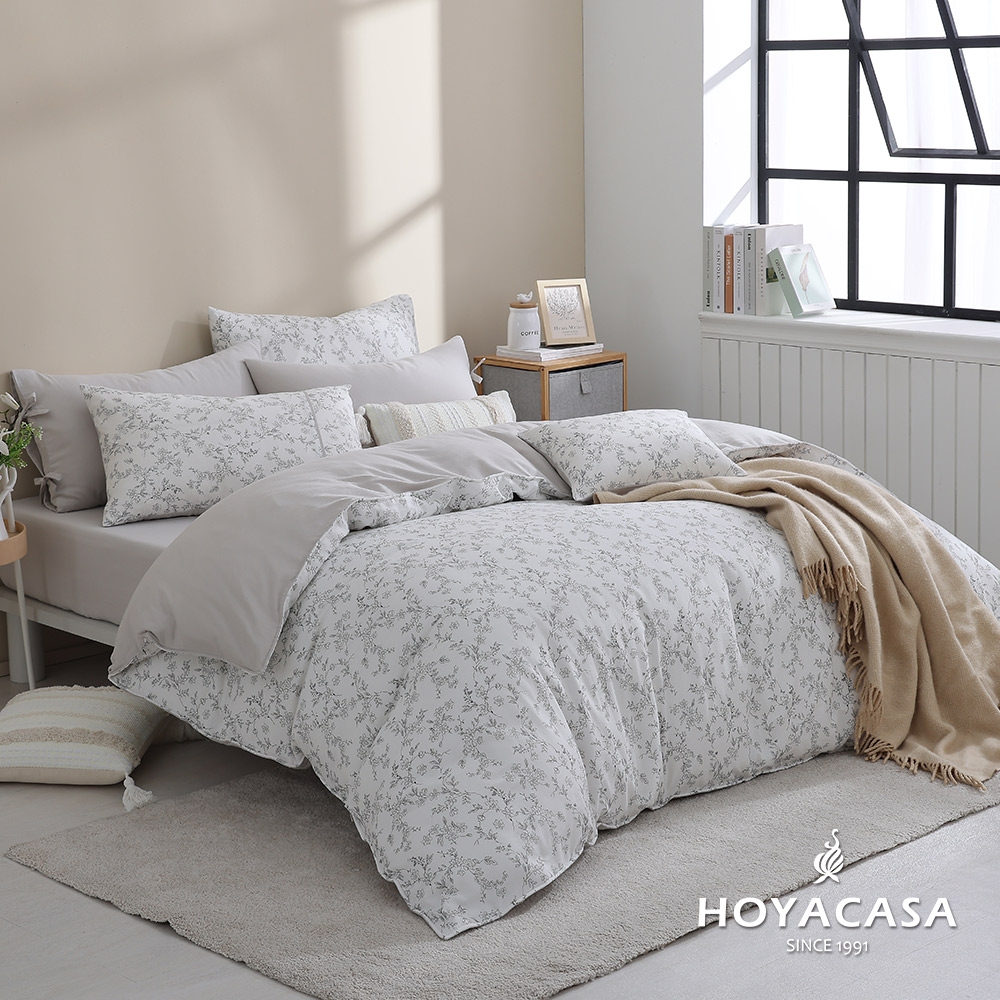 HOYACASA 雙人抗菌雙層好眠紗兩用被床包組-花澤灰