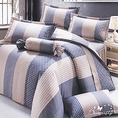 BUTTERFLY-台製40支紗純棉加高30cm薄式雙人床包+雙人鋪棉兩用被-英倫風情-藍