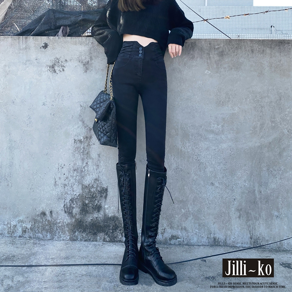 JILLI-KO 高腰收腹提臀彈力修身排扣女鉛筆九分牛仔褲- 黑色