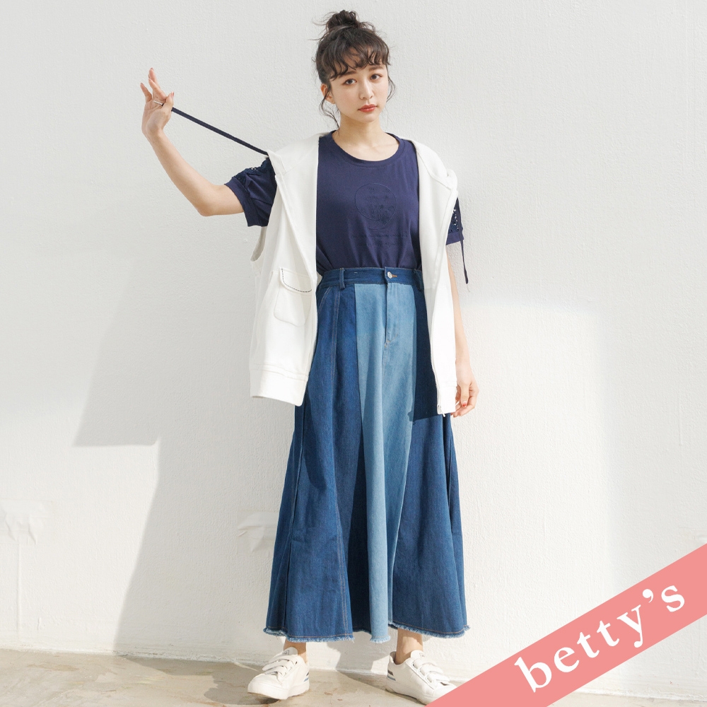 betty’s貝蒂思　腰鬆緊撞色鬚邊牛仔長裙(牛仔藍)