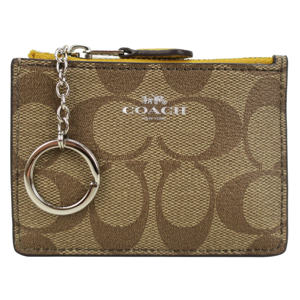 COACH LOGO緹花PVC鑰匙零錢夾(卡其亞麻黃)