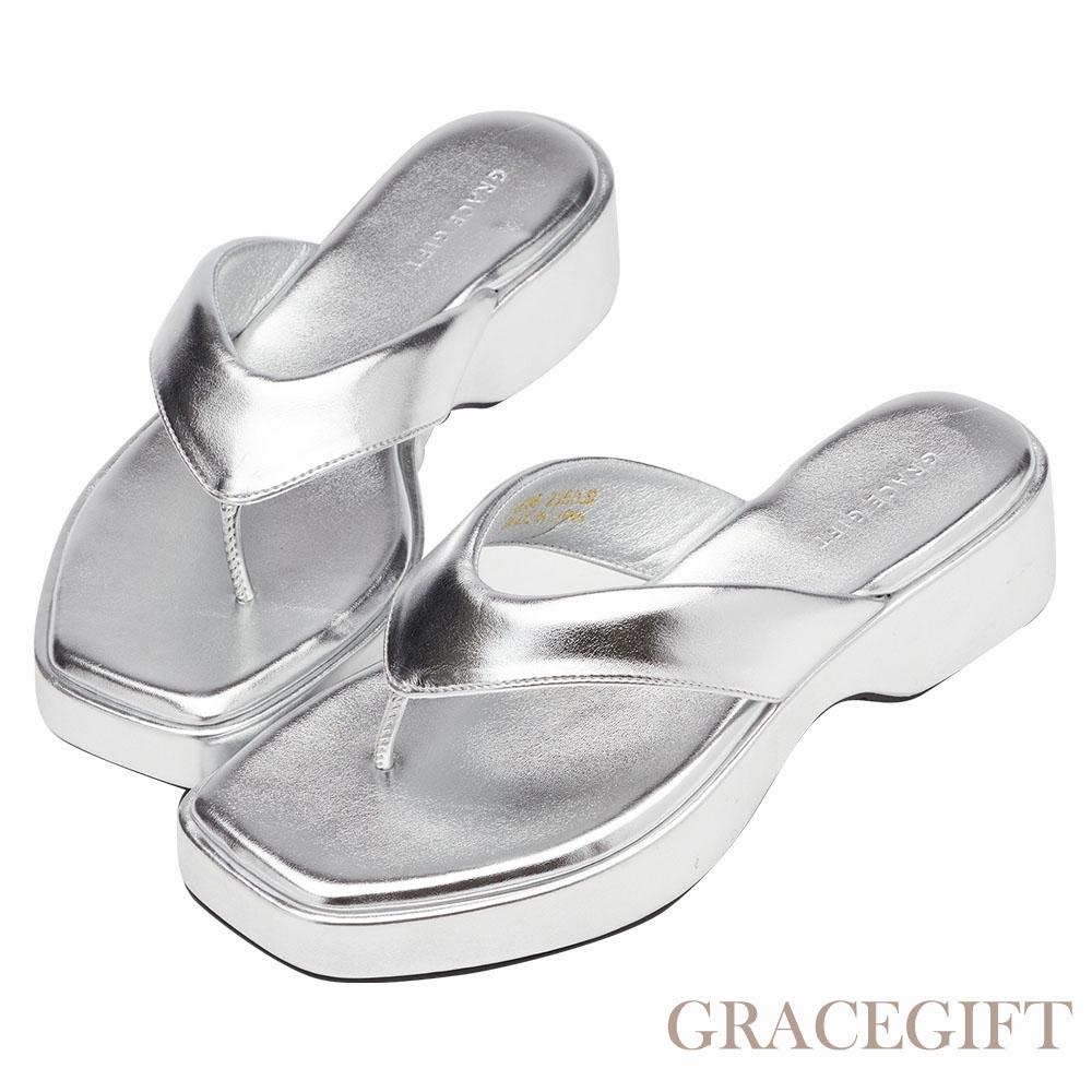 【Grace Gift】時尚方頭夾腳厚底拖鞋 銀